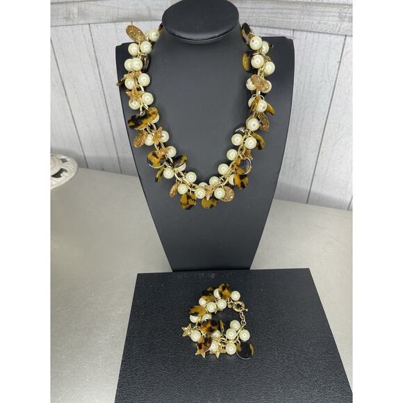 Y2K JCrew Set Pearl Tortoise Shell Stars Charm Necklace Bracelet Statement - Picture 4 of 6